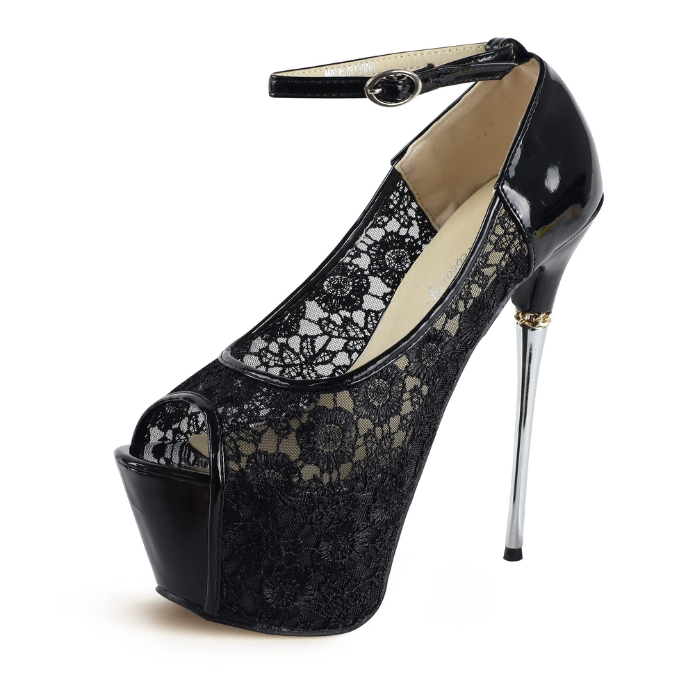 Elegant Black Lace Stiletto Heels, Size 6